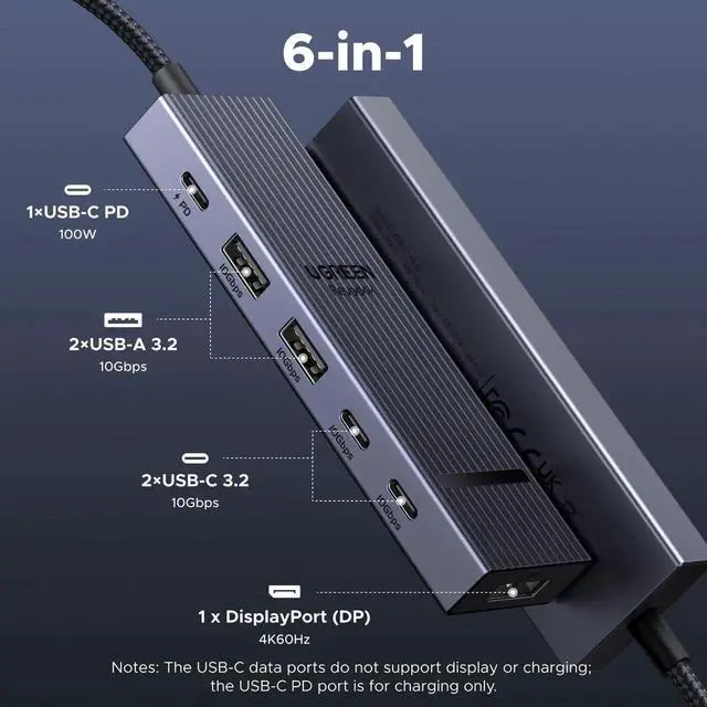 Alt view image 2 of 7 - UGREEN Revodok Pro 6in1 USBC Hub, USBC Multiport Adapter with DisplayPort 4K@60Hz, 100W Power Delivery, 10Gbps USBA & USBC 3.2 Ports for MacBook Pro/Air, iPad Pro, ThinkPad, ROG Ally & More