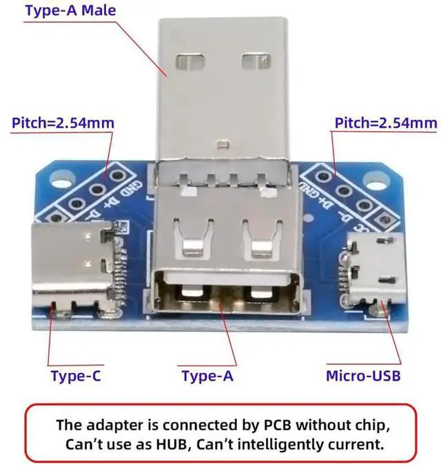 Alt view image 6 of 7 - USB 2.0 TypeA Male 1to3 Hub Splitter PCBA Module, 3Port Female (USBA + Micro USB + USBC) Multiport Expansion Board, Power Adapter for Camera & Media Player