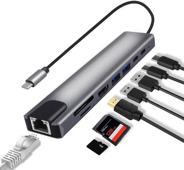 Main image of 8in1 USBC Docking Station Multiport Adapter, TypeC to RJ45 Gigabit Ethernet, 87W PD Charging, USB3.0, USB2.0, HDMI, SD/TF Card Reader, TypeC Data Port for Laptops