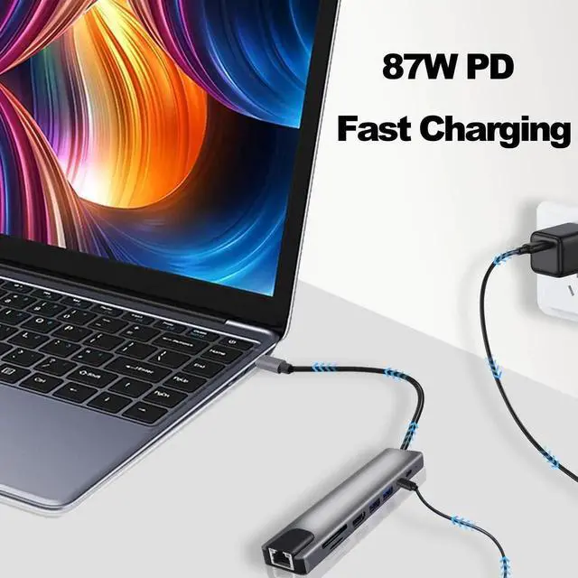 Alt view image 3 of 7 - 8in1 USBC Docking Station Multiport Adapter, TypeC to RJ45 Gigabit Ethernet, 87W PD Charging, USB3.0, USB2.0, HDMI, SD/TF Card Reader, TypeC Data Port for Laptops