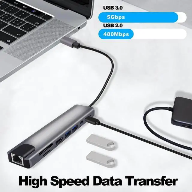 Alt view image 5 of 7 - 8in1 USBC Docking Station Multiport Adapter, TypeC to RJ45 Gigabit Ethernet, 87W PD Charging, USB3.0, USB2.0, HDMI, SD/TF Card Reader, TypeC Data Port for Laptops
