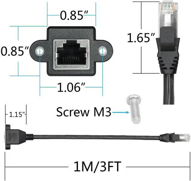 Alt view image 4 of 5 - Cat6 Ethernet Extension Cable 3FT, RJ45 Male to Female Shielded PanelMount Extension Cable with Screws, Backward Compatible with Cat5e/Cat5 for PC, Laptop, Router, Smart TV & Network Switch