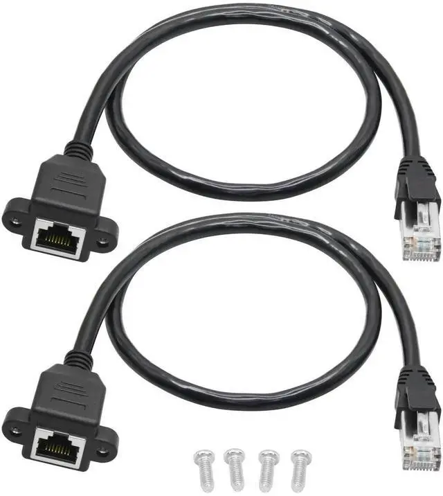 Main image of 2Pcs Cat6 Ethernet Extension Cable 1FT, RJ45 Male to Female Shielded PanelMount Extension Cable with Screws, Backward Compatible with Cat5e/Cat5 for PC, Laptop, Router, Smart TV & Network Switch