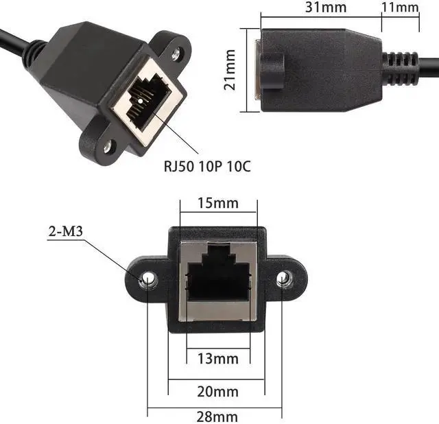 Alt view image 7 of 7 - 90° DownBend RJ50 10P10C Shielded Cat5E PanelMount Extension Cable, RightAngle Male to Female 10P10C Communication Cord, 30cm/11.8in
