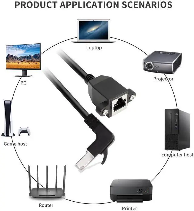 Alt view image 3 of 7 - 90° UpBend RJ50 10P10C Shielded Cat5E PanelMount Extension Cable, RightAngle Male to Female 10P10C Communication Cord, 30cm/11.8in