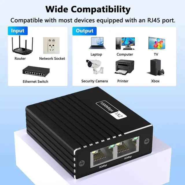 Alt view image 3 of 7 - 1 to 2 Ethernet Splitter with 4.9FT Cat6 Cable, 1000Mbps HighSpeed Internet Splitter for Router/Switch/Modem, 2Port Ethernet Switch Compatible with Cat5/5e/6/7/8, Supports 2 Devices Simultaneously