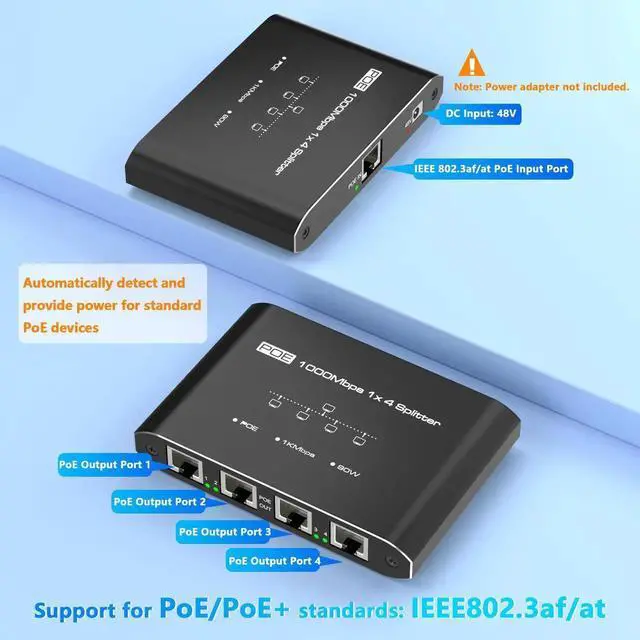 Alt view image 3 of 7 - 1In4Out Gigabit PoE Splitter, 4Port PoE Switch IEEE 802.3af/at Compliant, 30W Per Port Power Over Ethernet Hub for IP Cameras, AP & VoIP Phones, Up to 328Ft Transmission, Compatible with Cat5e/Cat