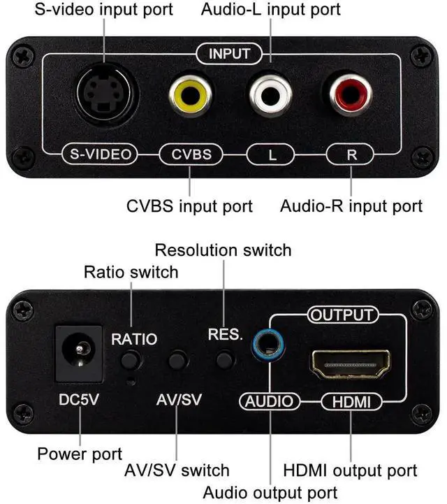 Alt view image 2 of 7 - 3RCA AV CVBS Composite & SVideo to HDMI Converter Adapter with Aspect Ratio Switch, 4:3/16:9, 3.5mm Audio, 480P1080P Resolution Adjustment for VHS, VCR, DVD Players to HDMI TVs