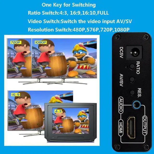 Alt view image 4 of 7 - 3RCA AV CVBS Composite & SVideo to HDMI Converter Adapter with Aspect Ratio Switch, 4:3/16:9, 3.5mm Audio, 480P1080P Resolution Adjustment for VHS, VCR, DVD Players to HDMI TVs