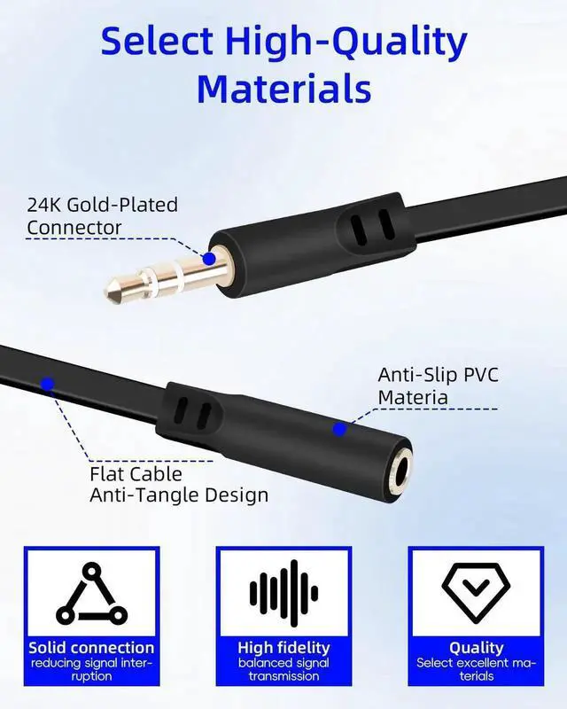 Alt view image 2 of 7 - 2Pack 0.15M/0.49FT Flat 3.5mm Male to Female Headphone Extension Audio Cable for Car Audio, Home Speakers, Phones & Tablets