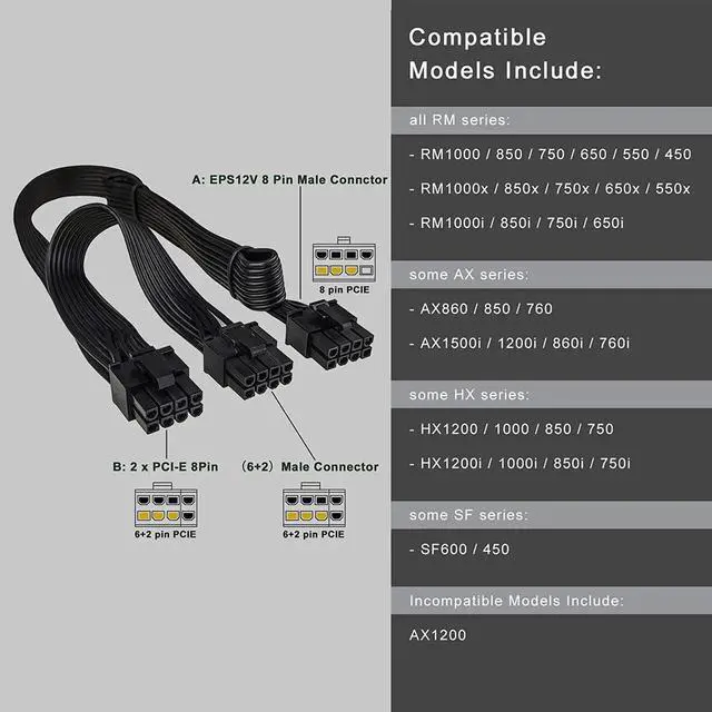 Alt view image 2 of 7 - EPS/ATX 8Pin to Dual PCIE 8Pin (6+2) GPU Power Cables, Only for Corsair Modular Power Supplies, 2Pack, 25+10 Inches