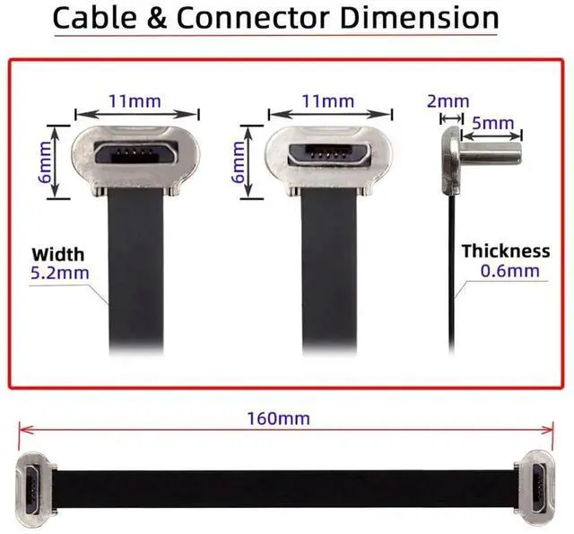 Alt view image 7 of 7 - 0.52FT Short Flat Micro USB Cable, USB 2.0 5Pin Dual 90 Degree Angled 5V 2A Fast Charging Data Extension Cord