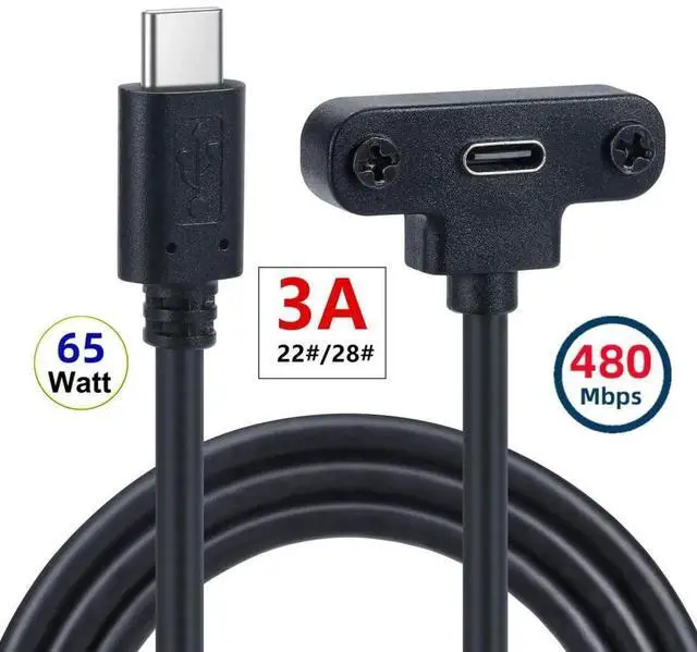 Alt view image 2 of 7 - 0.3M USBC Extension Cable, USB 2.0 TypeC Male to Female Fast Charging Data Transfer Cord with Panel Mount Screw