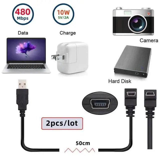 Alt view image 6 of 7 - 2 Pack 0.5M (1.64FT) Mini USB Cable, USB 2.0 Male to 5Pin Mini USB Male 90 Degree Up/Down Angled Charging Data Transfer Extension Cord, Black