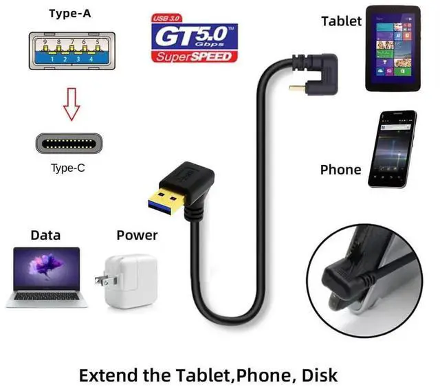 Alt view image 4 of 7 - 0.3M USB 3.0 to USBC Extension Cable, 90° Up Angled USB 3.0 Male to 180° UShape Angled USBC Male Charging & Data Transfer Cord
