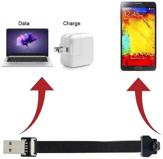 Alt view image 6 of 7 - 0.5M Micro USB Flat Ribbon Flex Cable, USB 2.0 Male to Male 90 Degree Up Angled Charging Data Extension Adapter Cord