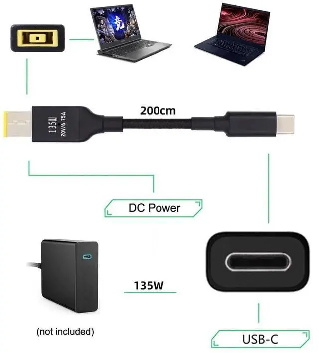 Alt view image 3 of 7 - 135W PD USBC Power Charging Cable, 20V 6.25A for ThinkPad X1 to USBC Connection