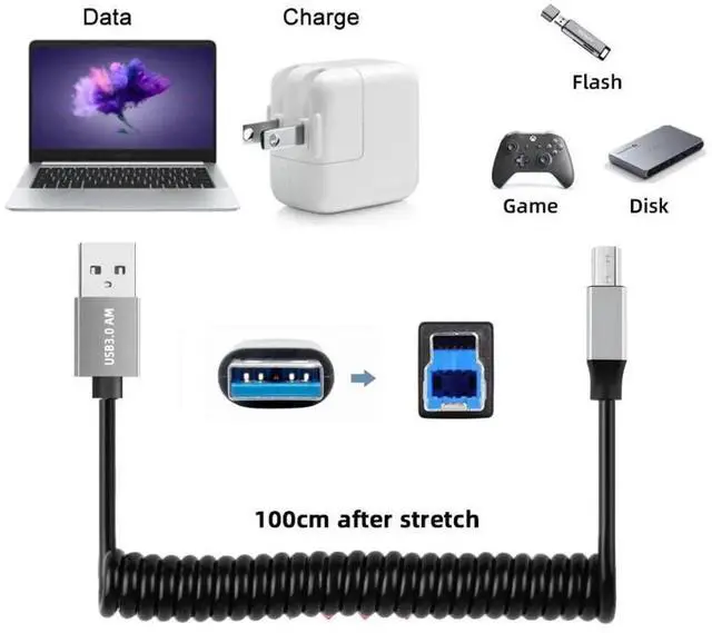 Alt view image 3 of 7 - 3.28FT USB 3.0 Coiled Cable, USB 3.0 TypeA Male to TypeB Male HighSpeed Data Transfer & Charging Cable for Phones, Laptops & USB Flash Drives