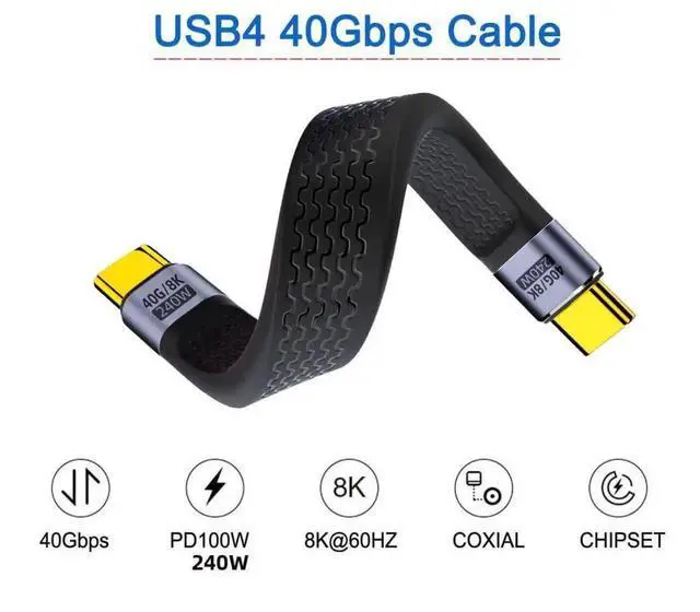 Alt view image 2 of 7 - 13cm Flat Slim FPC USB4 USBC Extension Cable, 40Gbps Data Transfer, PD 240W/100W Fast Charging, 8K Video Support