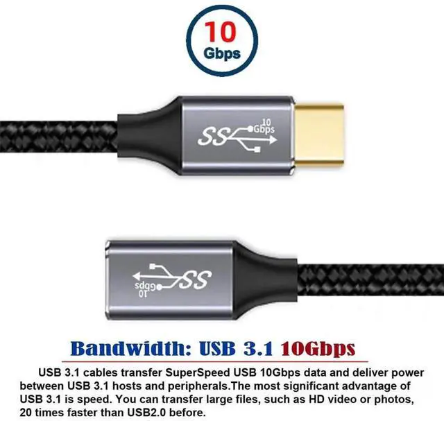 Alt view image 7 of 7 - 100cm USBC Male to Female Extension Cable, USB 3.1 10Gbps 100W PD Charging Data Cable with Protective Sleeve for Laptop & Phone