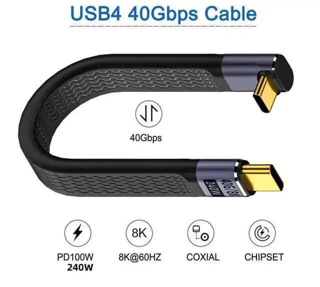 Alt view image 5 of 7 - 13cm 90 Degree Up Angled Flat Slim FPC USB4 Short Cable, 40Gbps 240W/100W 8K Data Extension Cable for Laptop & Phone