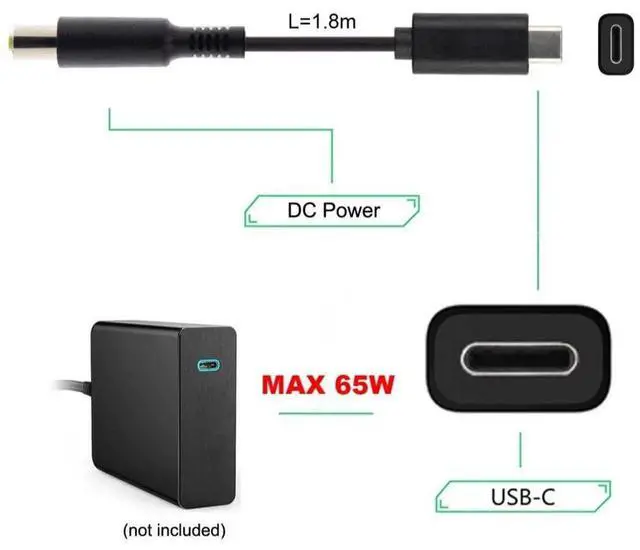 Alt view image 2 of 6 - 1.8M USBC Input to 5.5×2.1mm Rectangle DC Jack Power Cable Cord for Laptop & Notebook