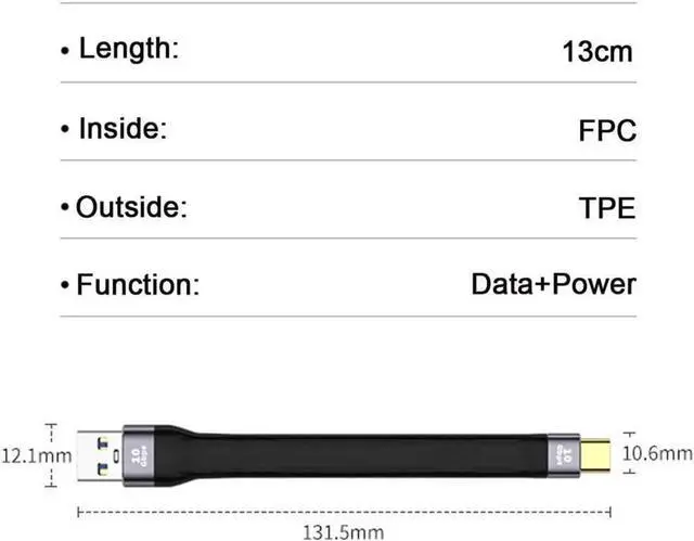 Alt view image 2 of 7 - 10Gbps USB 3.1 TypeC Male Host to USB 3.0 TypeA Male Flat Slim FPC Data Cable for Laptop & Phone