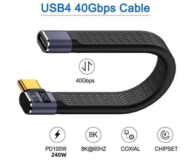Alt view image 5 of 7 - 13cm 90 Degree RightAngled USB4 Plug to Socket Slim Flat Extension Cable, 40Gbps 240W Fast Charging 8K@60Hz Video Cable