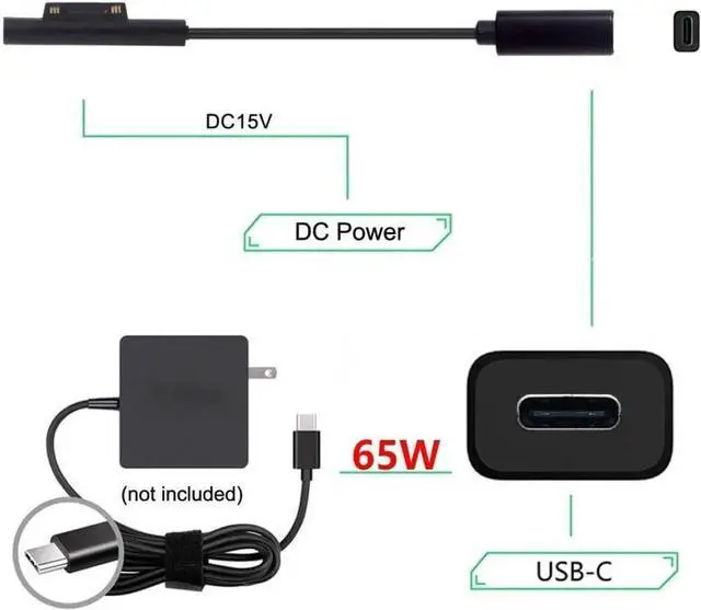 Alt view image 6 of 6 - USBC to DC 15V PD 65W Charging Cable for Microsoft Surface Pro 3/4/5/6 & Surface Book Pro