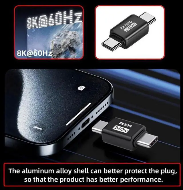 Alt view image 6 of 7 - USBC Extender Adapter, USB4 TypeC Male to Male Connector, 80Gbps Data Transfer, PD 240W Fast Charging, 16K/8K/5K Video Output