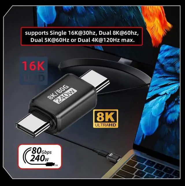 Alt view image 4 of 7 - USBC Extender Adapter, USB4 TypeC Male to Male Connector, 80Gbps Data Transfer, PD 240W Fast Charging, 16K/8K/5K Video Output
