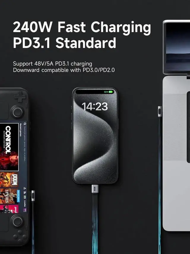 Alt view image 7 of 7 - 0.5FT Vertical 90 Degree USB4 V2.0 Short Cable, 80Gbps Data Transfer, 240W Fast Charging, 8K@60Hz Video Output, Compatible with iPhone 17/16/15 Pro Max, iPad Pro, Thunderbolt 5/4