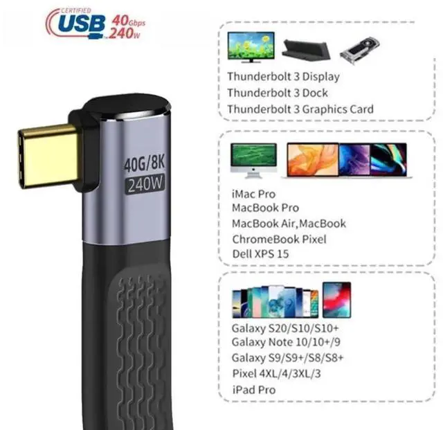 Alt view image 7 of 7 - 13cm RightAngled Flat Slim FPC USBC USB4 Cable, 40Gbps Data Transfer, 240W/100W PD Charging, 8K Video Output for Laptop & Phone