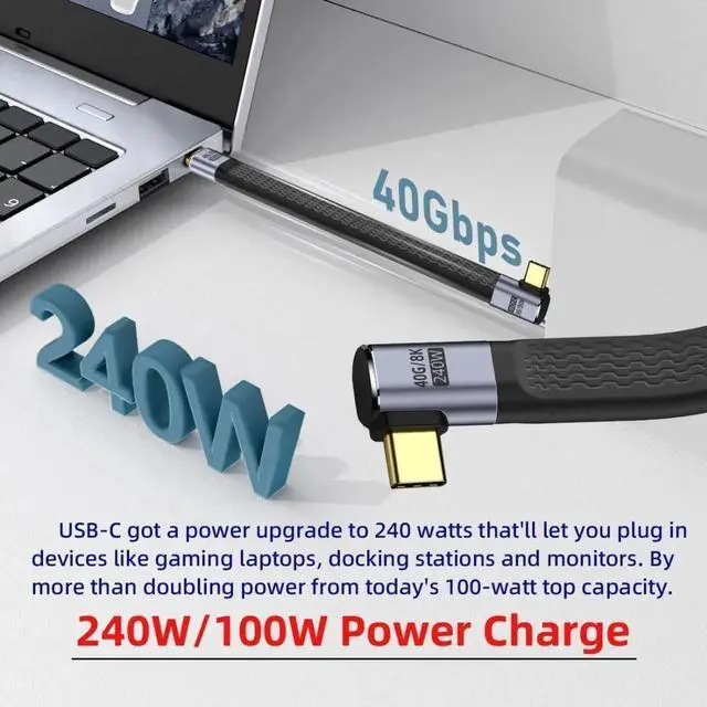 Alt view image 2 of 7 - 13cm RightAngled Flat Slim FPC USBC USB4 Cable, 40Gbps Data Transfer, 240W/100W PD Charging, 8K Video Output for Laptop & Phone