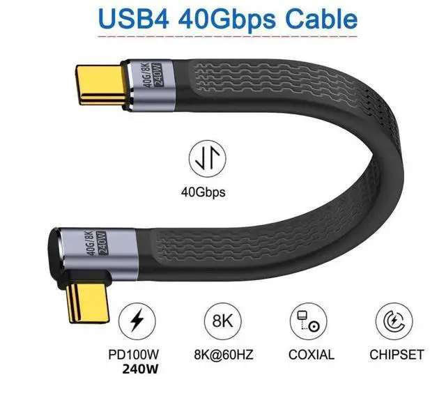 Alt view image 5 of 7 - 13cm RightAngled Flat Slim FPC USBC USB4 Cable, 40Gbps Data Transfer, 240W/100W PD Charging, 8K Video Output for Laptop & Phone