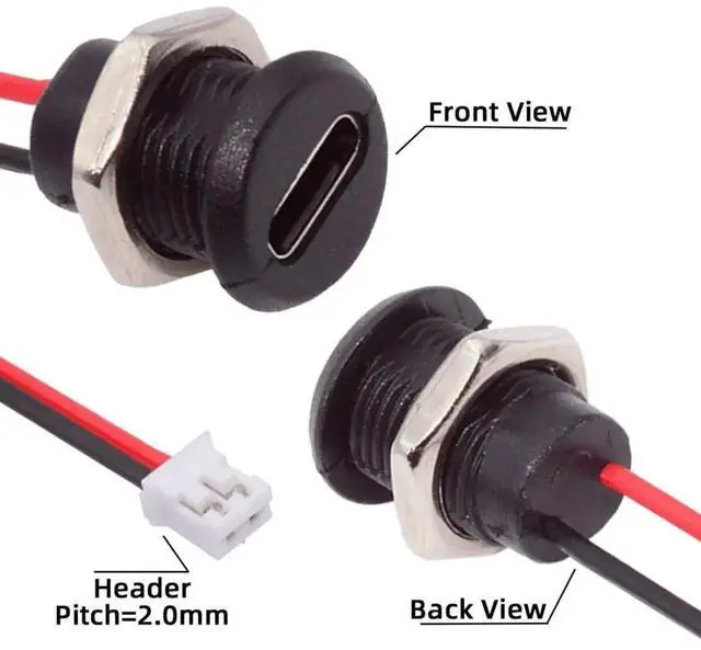 Alt view image 3 of 6 - 5 Pack 2.0mm Pitch 2Pin to USBC Female DC 5V 3A Charging Port Conversion Cable Adapter with Waterproof Dustproof Rubber Plug