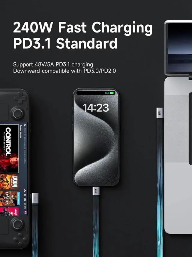Alt view image 2 of 7 - 1.6FT Side 90 Degree USB4 V2.0 Short Cable, 80Gbps Data Transfer, 240W Fast Charging, 8K@60Hz Video, Compatible with iPhone 17/16/15 Pro Max, iPad Pro, Thunderbolt 5/4