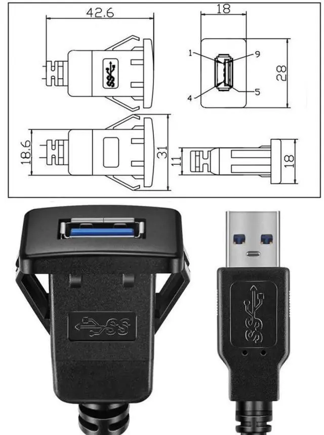 Alt view image 3 of 7 - 1.0M USB 3.0 Flush Mount Male to Female Extension Cable, Panel Mount for Car Dashboard