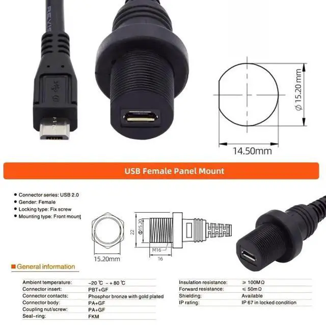 Alt view image 5 of 7 - Micro USB 5Pin FlushMount Male to Female Extension Cable, Waterproof & Dustproof for Car Dashboard Panel Mount