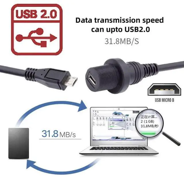 Alt view image 4 of 7 - Micro USB 5Pin FlushMount Male to Female Extension Cable, Waterproof & Dustproof for Car Dashboard Panel Mount