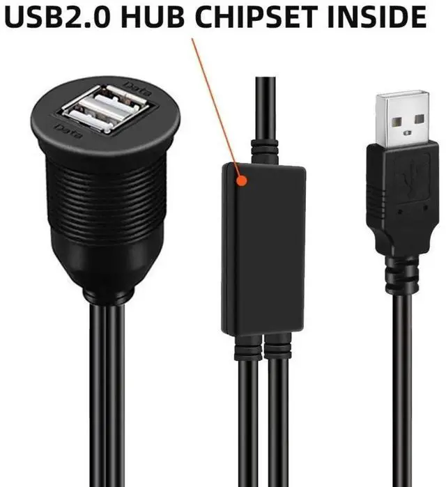 Alt view image 7 of 7 - USB 2.0 FlushMount 1Male to 2Female Extension Cable, Waterproof & Dustproof for Car Dashboard Panel Mount