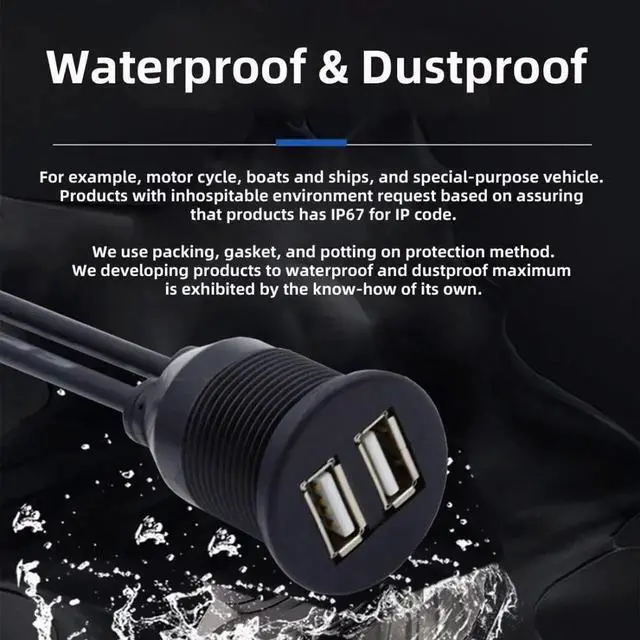 Alt view image 4 of 7 - USB 2.0 FlushMount 1Male to 2Female Extension Cable, Waterproof & Dustproof for Car Dashboard Panel Mount