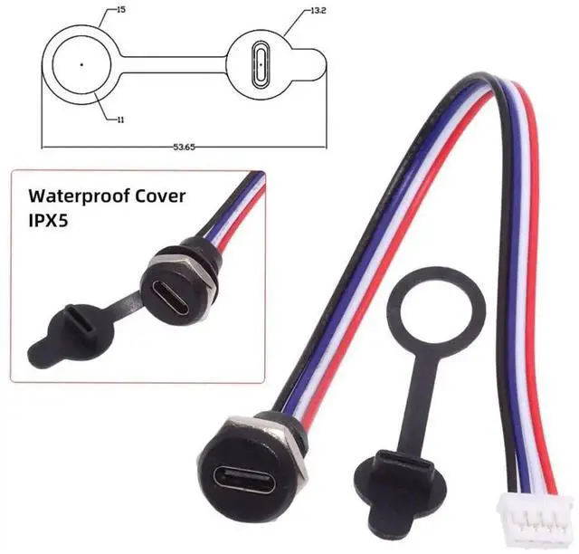 Alt view image 2 of 7 - 5 Pack 2.0mm Pitch 4Pin to USBC Female DC 5V 3A Charging Port Conversion Cable Adapter with Waterproof Dustproof Rubber Plug