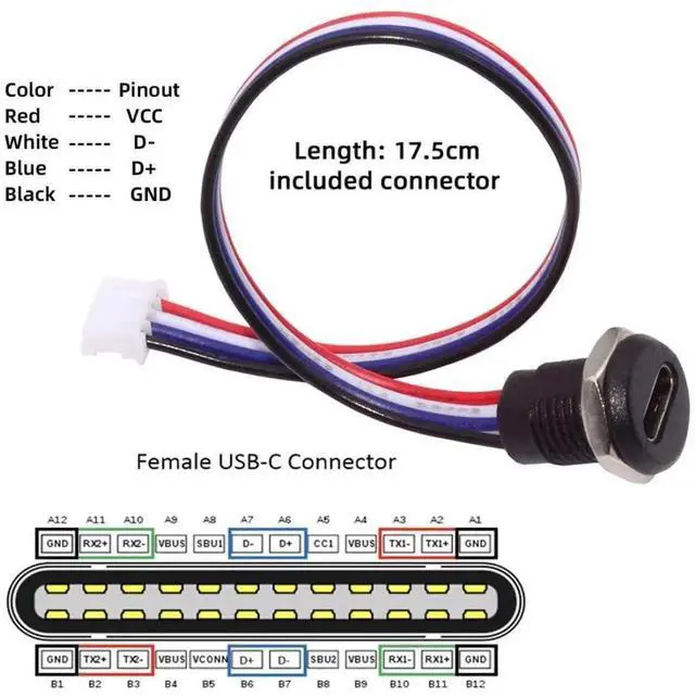 Alt view image 6 of 7 - 5 Pack 2.0mm Pitch 4Pin to USBC Female DC 5V 3A Charging Port Conversion Cable Adapter with Waterproof Dustproof Rubber Plug