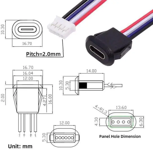 Alt view image 5 of 7 - 5 Pack 2.0mm Pitch 4Pin to USBC Female DC 5V 3A Flush Mount Charging Socket Conversion Cable Adapter