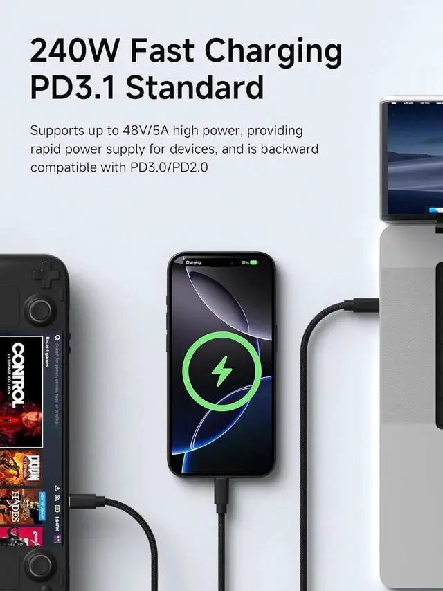 Alt view image 7 of 7 - Wedge Joint Flexible USB4 USBC Cable, 80Gbps Data Transfer 240W Fast Charging 8K@60Hz Video Cord for Thunderbolt 5/4/3, iPhone 17/16/15 Pro Max, MacBook Pro/Air 0.5FT
