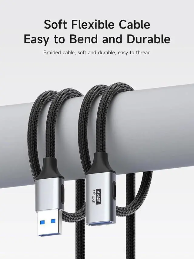Alt view image 2 of 7 - Braided 10Gbps USB 3.2 Type A Male to Female Extension Cable, HighSpeed USB Extender Cord for Webcam, Keyboard, Mouse, PlayStation, Xbox, Flash Drive, Printer, Camera, 3.3FT