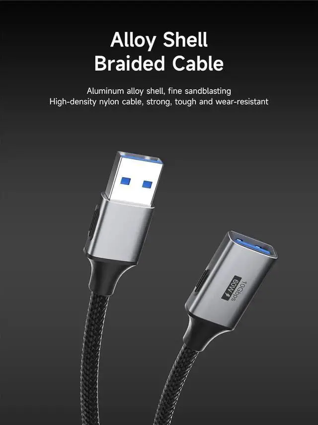 Alt view image 7 of 7 - Braided 10Gbps USB 3.2 Type A Male to Female Extension Cable, HighSpeed USB Extender Cord for Webcam, Keyboard, Mouse, PlayStation, Xbox, Flash Drive, Printer, Camera, 1.6FT