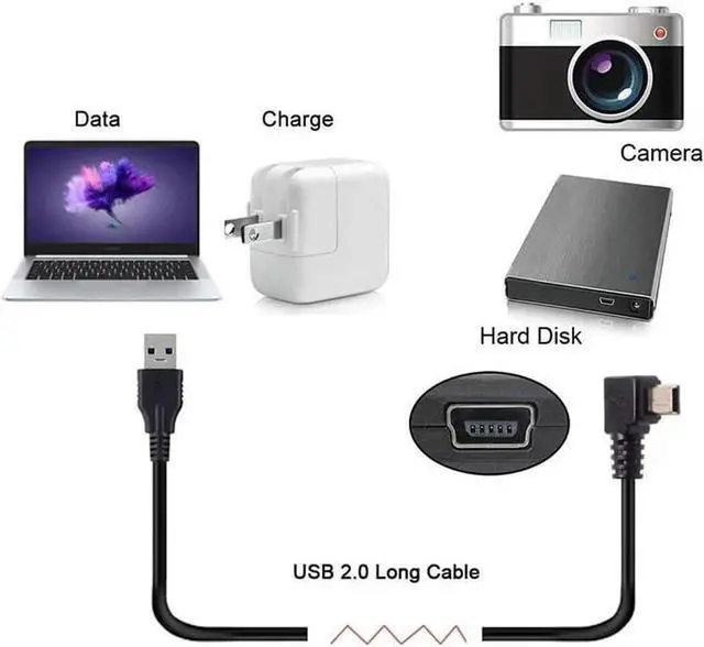 Alt view image 5 of 7 - 90 Degree LeftAngled USB 2.0 Male to Mini USB 5Pin Male Charging & Data Transfer Extension Cable, 3M