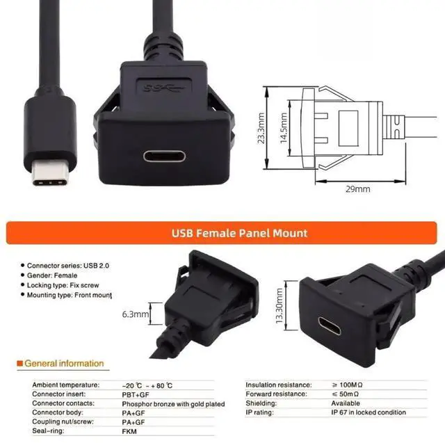 Alt view image 4 of 7 - USB 3.1 Gen 2 10Gbps FlushMount USBC Male to Female PanelMount Extension Cable, Waterproof & Dustproof for Car Dashboard